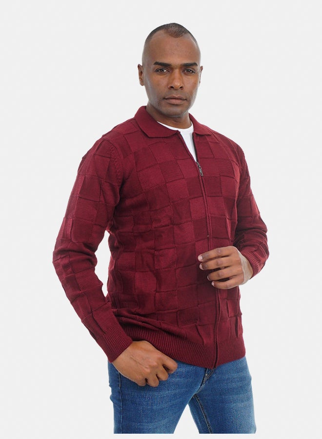 FIRE WOOD FireWood Zipper Knit Cardigan Long Sleeve Soft Knit Fabric For Men- Wine Red - Image 4